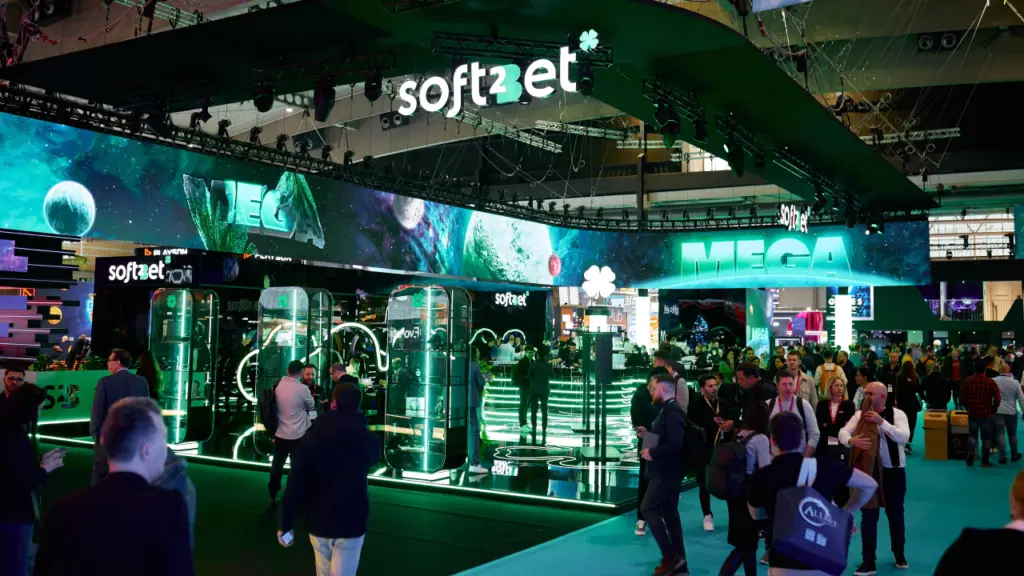 Soft2Bet exhibition hall featuring the MEGA gamification platform